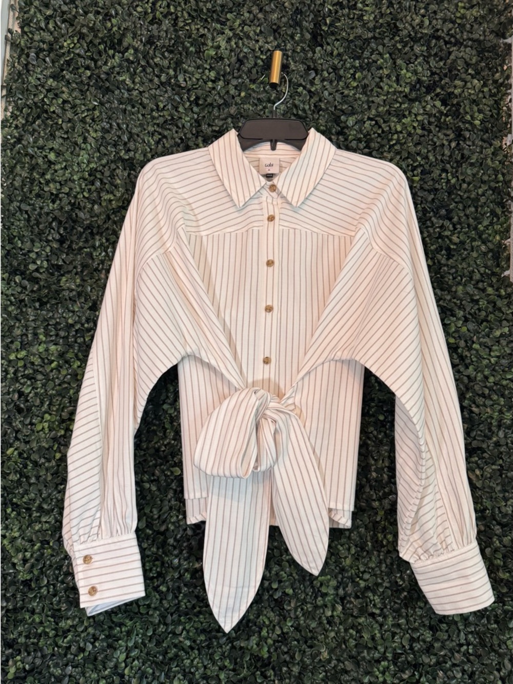 Cabi Tie-Front Striped Button-Up Shirt - White with Thin Taupe Stripes - Picture 5 of 5